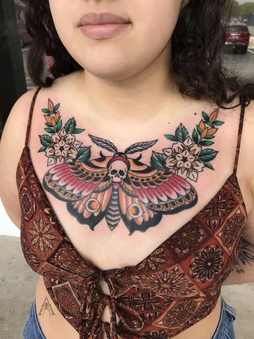 Cover-up tattoo — traditional chest piece
